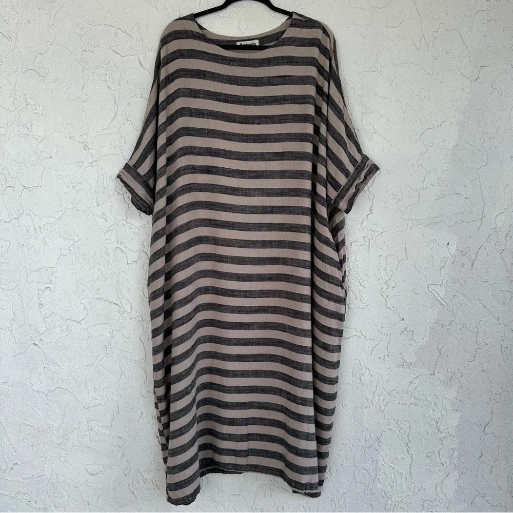MORDENMISS Dress Women’s XXL Lagenlook Oversized Relaxed Fit Stripe Linen Pocket